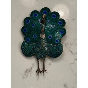 VINTAGE SIAM STERLING GUILLOCHE HINGED PEACOCK FOLDING PIN BROOCH BLUE GREEN
